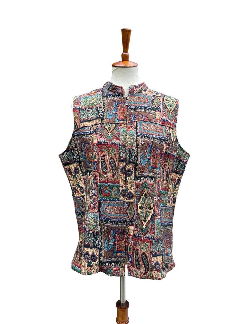 Coldwater Creek Vest Womens XXL Multicolor Geometric Tapestry Lined India Lagen